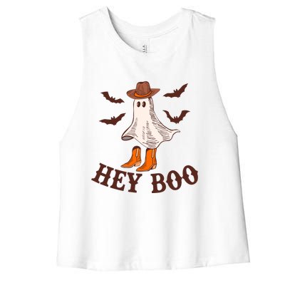 Hey Boo Ghost Western Cow Funny Halloween Spooky Cute Gift Women's Racerback Cropped Tank