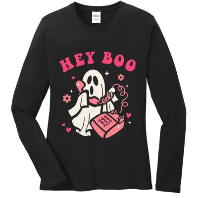 Hey Boo Ghost Halloween Ladies Long Sleeve Shirt