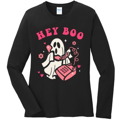 Hey Boo Ghost Halloween Ladies Long Sleeve Shirt