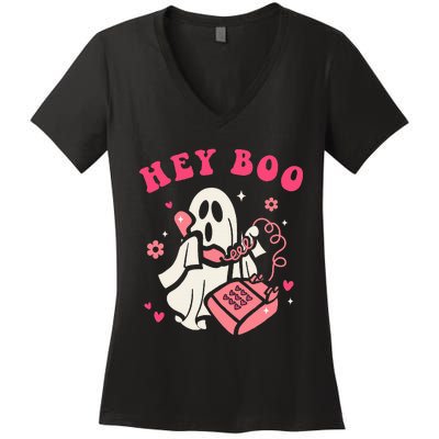 Hey Boo Ghost Halloween Women's V-Neck T-Shirt