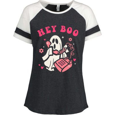 Hey Boo Ghost Halloween Enza Ladies Jersey Colorblock Tee