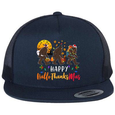 Hallothanksmas Bigfoot Halloween Thanksgiving Christmas Flat Bill Trucker Hat