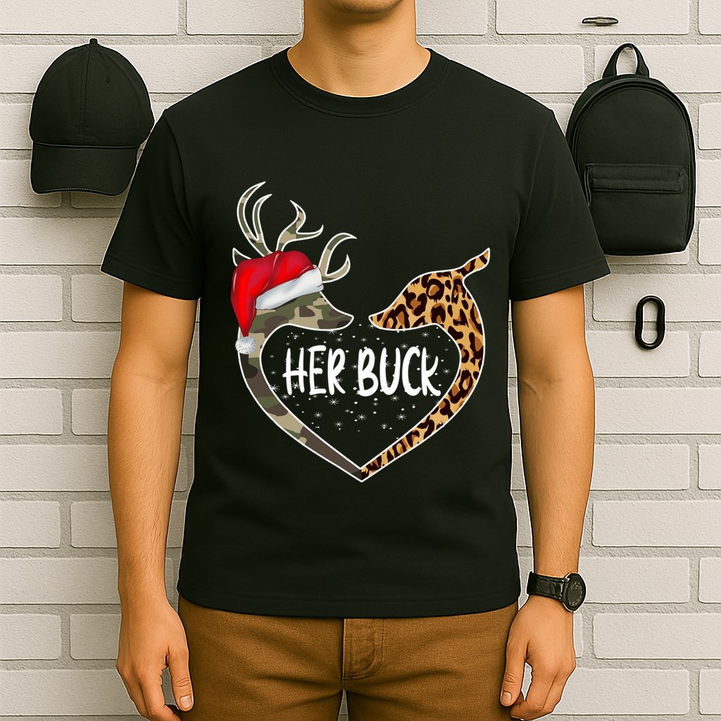 Her Buck His Doe Reindeer Christmas Funny Matching Couples T-Shirt