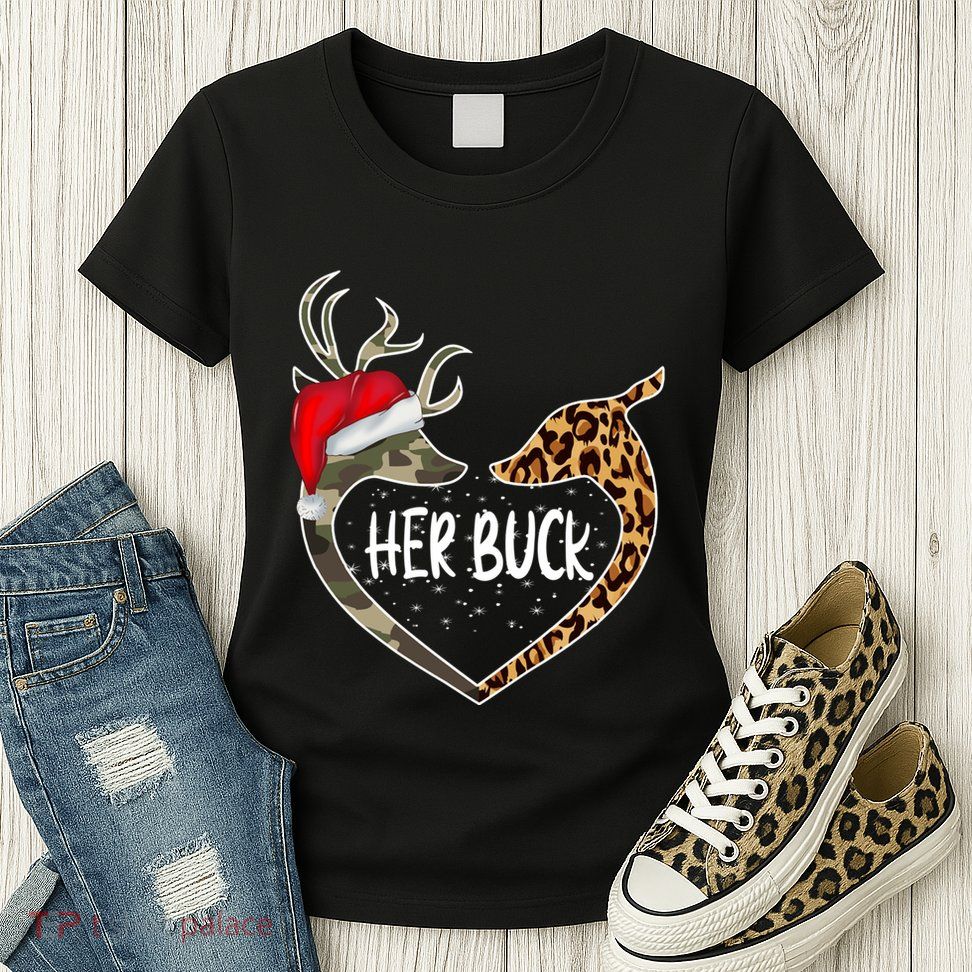 Her Buck His Doe Reindeer Christmas Funny Matching Couples Womens T-Shirt