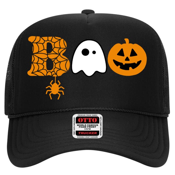 Halloween Boo Halloween Ghost Pumpkin High Crown Mesh Back Trucker Hat