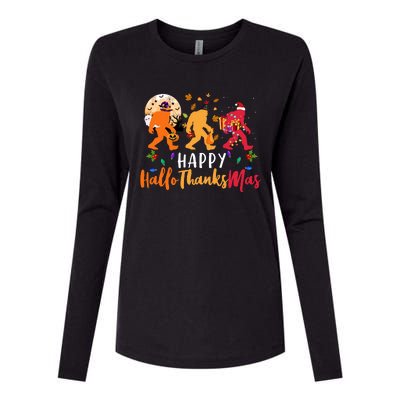 Hallothanksmas Bigfoot Halloween Thanksgiving Christmas Womens Cotton Relaxed Long Sleeve T-Shirt