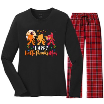 Hallothanksmas Bigfoot Halloween Thanksgiving Christmas Women's Long Sleeve Flannel Pajama Set 