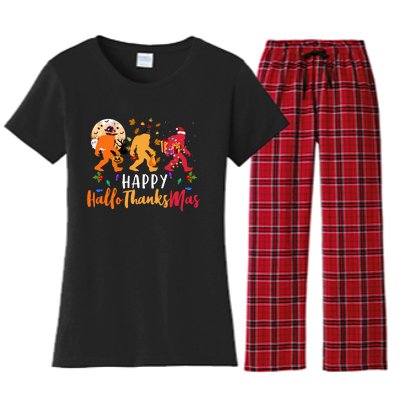 Hallothanksmas Bigfoot Halloween Thanksgiving Christmas Women's Flannel Pajama Set