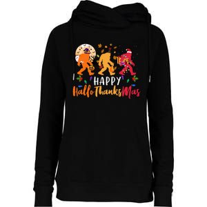 Hallothanksmas Bigfoot Halloween Thanksgiving Christmas Womens Funnel Neck Pullover Hood