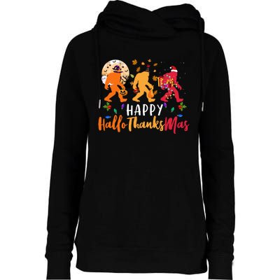 Hallothanksmas Bigfoot Halloween Thanksgiving Christmas Womens Funnel Neck Pullover Hood