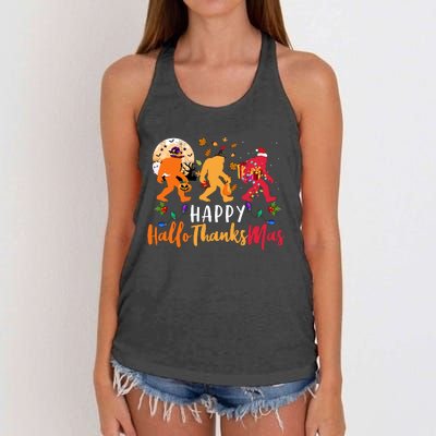 Hallothanksmas Bigfoot Halloween Thanksgiving Christmas Women's Knotted Racerback Tank