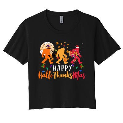 Hallothanksmas Bigfoot Halloween Thanksgiving Christmas Women's Crop Top Tee