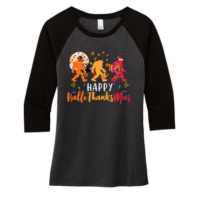 Hallothanksmas Bigfoot Halloween Thanksgiving Christmas Women's Tri-Blend 3/4-Sleeve Raglan Shirt