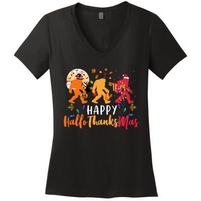 Hallothanksmas Bigfoot Halloween Thanksgiving Christmas Women's V-Neck T-Shirt