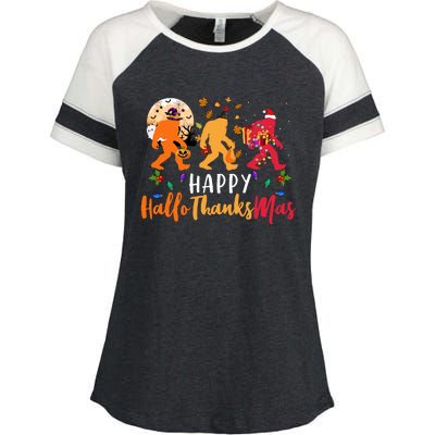 Hallothanksmas Bigfoot Halloween Thanksgiving Christmas Enza Ladies Jersey Colorblock Tee