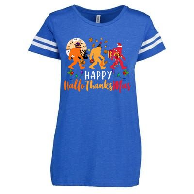 Hallothanksmas Bigfoot Halloween Thanksgiving Christmas Enza Ladies Jersey Football T-Shirt