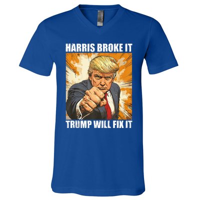 Harris Broke It Trump Will Fix It Donald Trump V-Neck T-Shirt