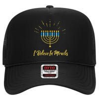 Hanukkah Believe In Miracles Menorah Lit Jewish Faith Latke High Crown Mesh Back Trucker Hat