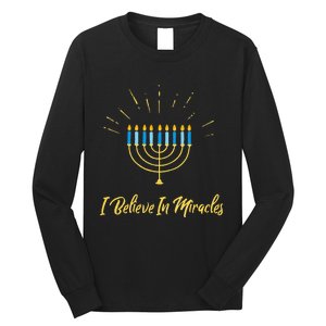 Hanukkah Believe In Miracles Menorah Lit Jewish Faith Latke Long Sleeve Shirt