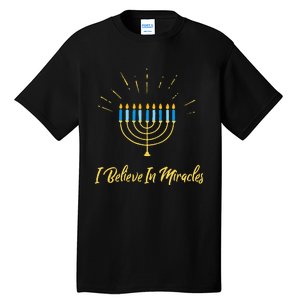 Hanukkah Believe In Miracles Menorah Lit Jewish Faith Latke Tall T-Shirt