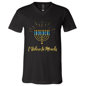 Hanukkah Believe In Miracles Menorah Lit Jewish Faith Latke V-Neck T-Shirt