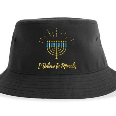 Hanukkah Believe In Miracles Menorah Lit Jewish Faith Latke Sustainable Bucket Hat