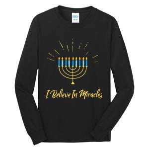 Hanukkah Believe In Miracles Menorah Lit Jewish Faith Latke Tall Long Sleeve T-Shirt