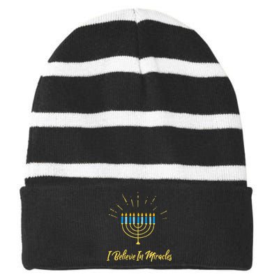 Hanukkah Believe In Miracles Menorah Lit Jewish Faith Latke Striped Beanie with Solid Band