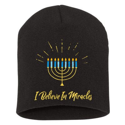 Hanukkah Believe In Miracles Menorah Lit Jewish Faith Latke Short Acrylic Beanie