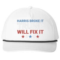 Harris Broke It Trump Will Fix It Kamala Broke It Trump 2024 Snapback Five-Panel Rope Hat