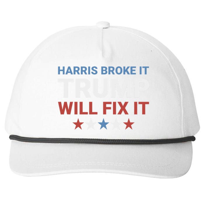 Harris Broke It Trump Will Fix It Kamala Broke It Trump 2024 Snapback Five-Panel Rope Hat