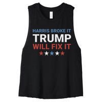 Harris Broke It Trump Will Fix It Kamala Broke It Trump 2024 Women's Racerback Cropped Tank