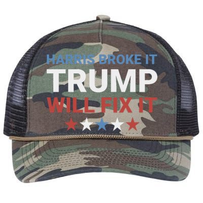 Harris Broke It Trump Will Fix It Kamala Broke It Trump 2024 Retro Rope Trucker Hat Cap