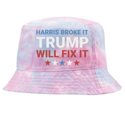 Harris Broke It Trump Will Fix It Kamala Broke It Trump 2024 Tie-Dyed Bucket Hat