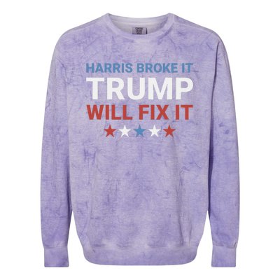 Harris Broke It Trump Will Fix It Kamala Broke It Trump 2024 Colorblast Crewneck Sweatshirt