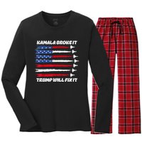 Harris Broke It Trump Will Fix It Kamala Broke It Trump 2024 Women's Long Sleeve Flannel Pajama Set 