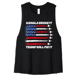 Harris Broke It Trump Will Fix It Kamala Broke It Trump 2024 Women's Racerback Cropped Tank