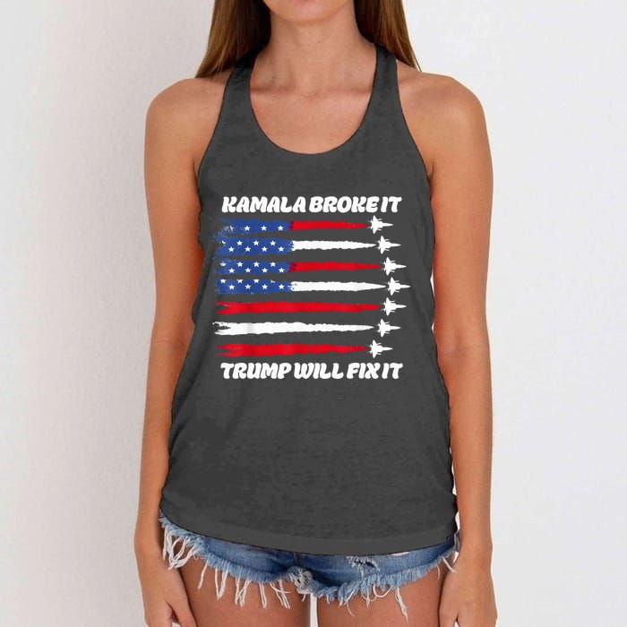 Harris Broke It Trump Will Fix It Kamala Broke It Trump 2024 Women's Knotted Racerback Tank