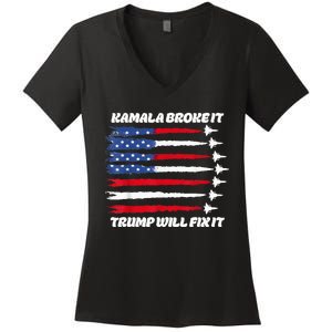 Harris Broke It Trump Will Fix It Kamala Broke It Trump 2024 Women's V-Neck T-Shirt