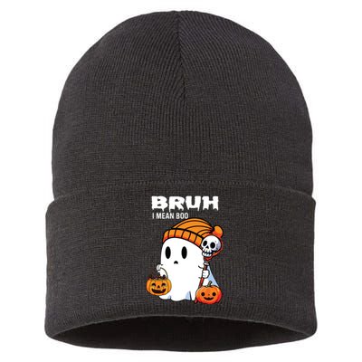 Halloween Bruh I Mean Boo Ghost Funny Sustainable Knit Beanie