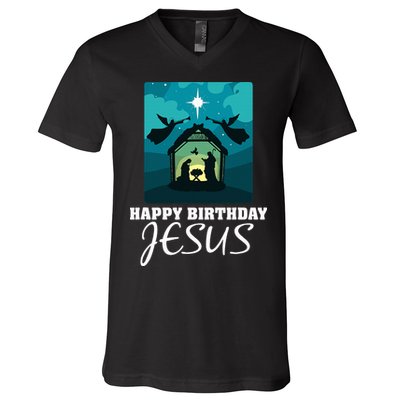 Happy Birthday Jesus  Christmas Advent Nativity Scene North  V-Neck T-Shirt