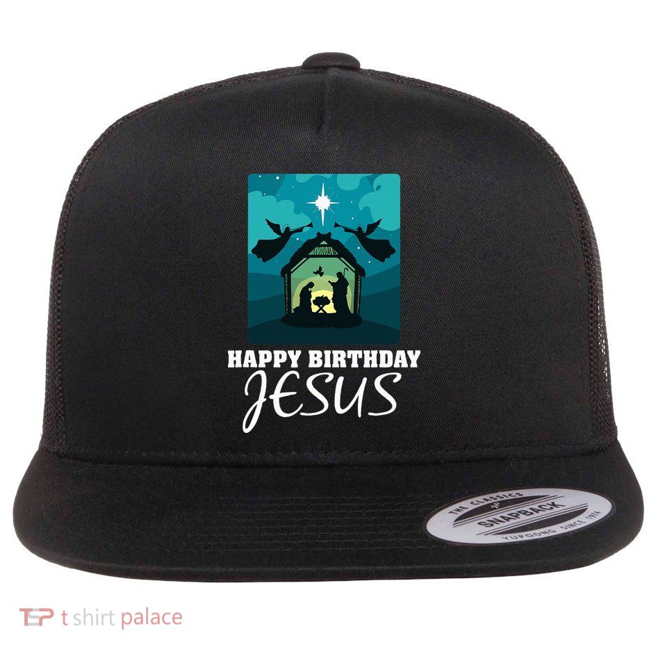 Happy Birthday Jesus  Christmas Advent Nativity Scene North  Flat Bill Trucker Hat
