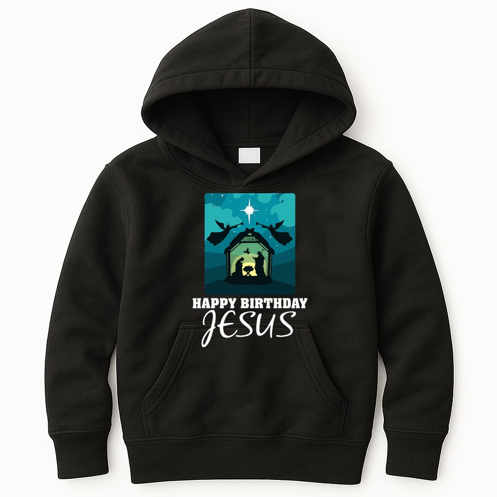 Happy Birthday Jesus  Christmas Advent Nativity Scene North  Kids Hoodie