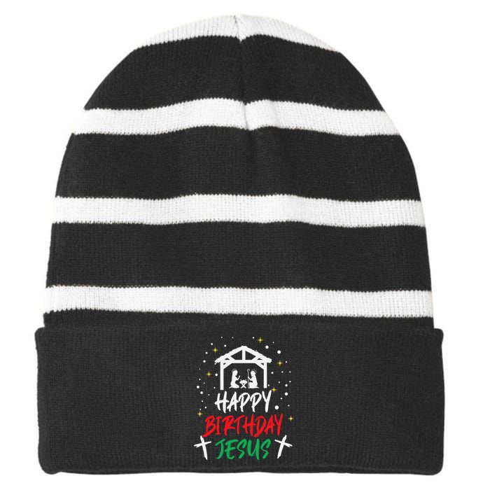 Happy Birthday Jesus Striped Beanie with Solid Band