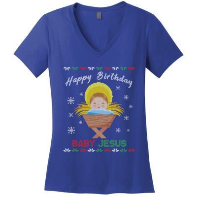 Happy Birthday Jesus Funny Ugly Christmas Gift Women's V-Neck T-Shirt