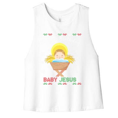 Happy Birthday Jesus Funny Ugly Christmas Gift Women's Racerback Cropped Tank