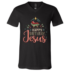 Happy Birthday Jesus Christ The Savior Is Born Christian Retro Christmas V-Neck T-Shirt