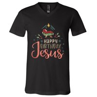 Happy Birthday Jesus Christ The Savior Is Born Christian Retro Christmas V-Neck T-Shirt