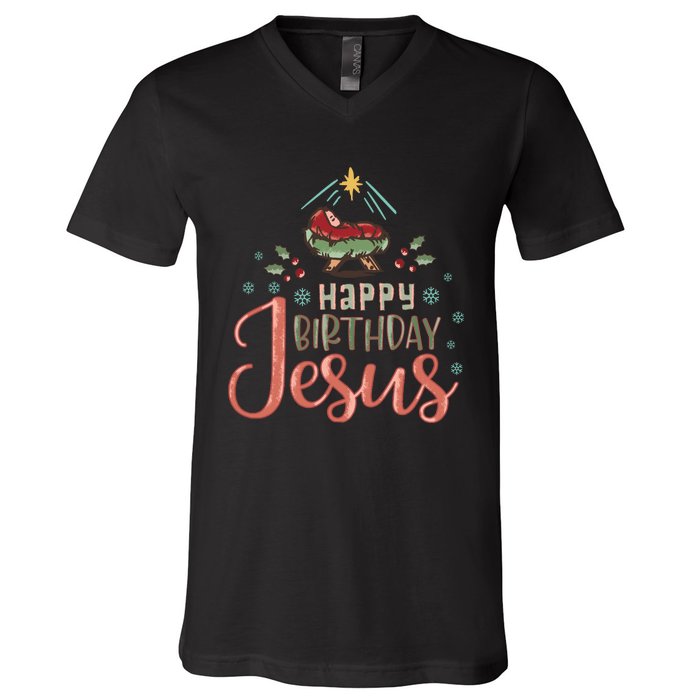 Happy Birthday Jesus Christ The Savior Is Born Christian Retro Christmas V-Neck T-Shirt