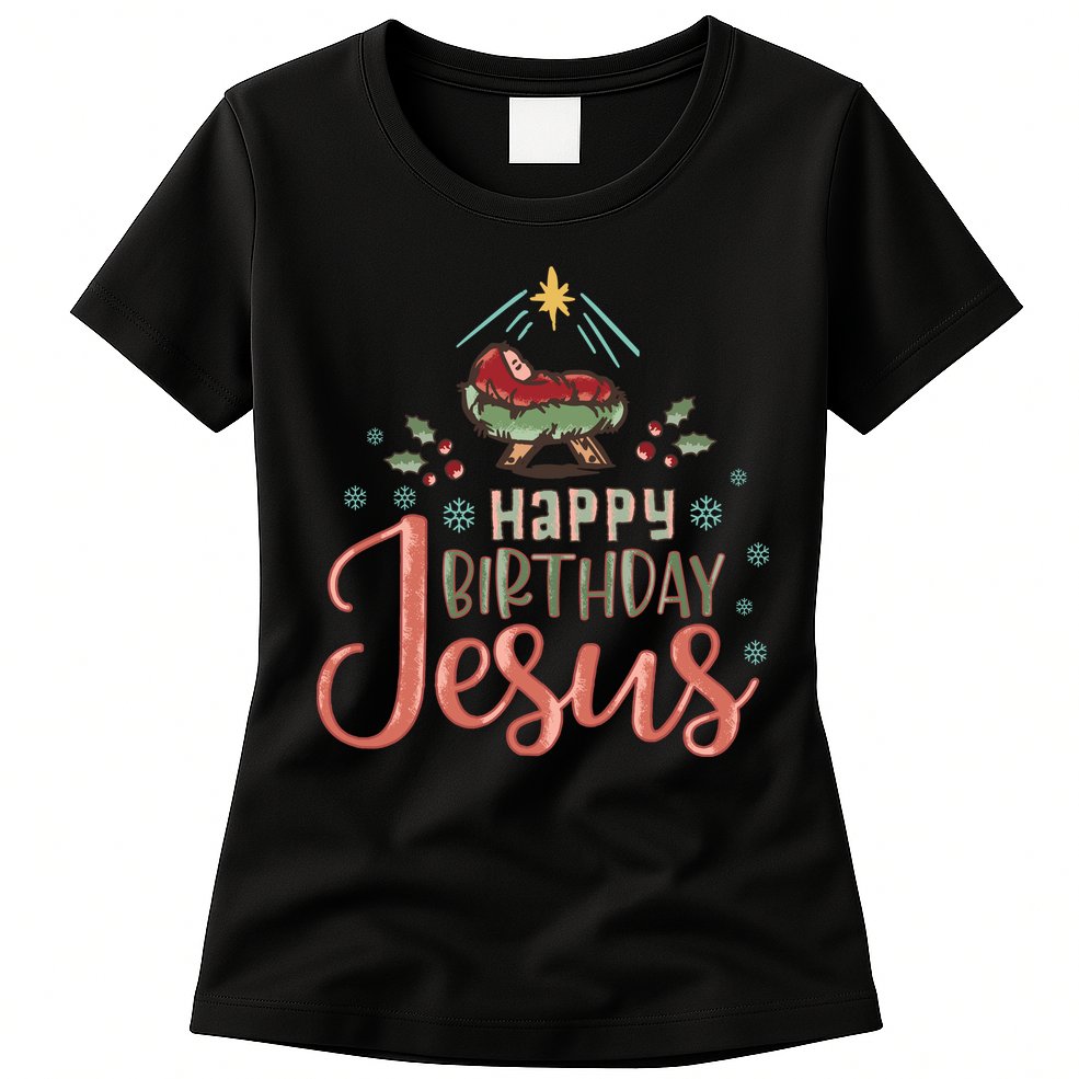 Happy Birthday Jesus Christ The Savior Is Born Christian Retro Christmas Womens T-Shirt